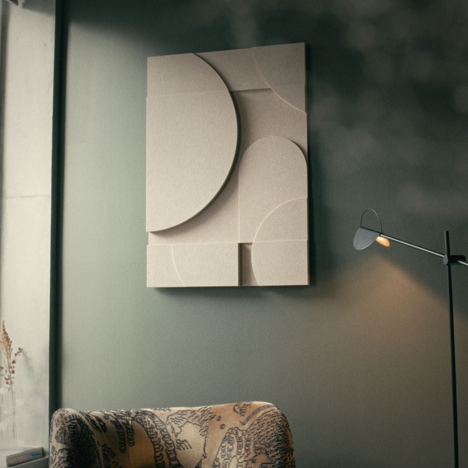 Geometric Acoustic Panel from Arturel, Hung in a Stylish Living Room for Optimal Sound Absorption