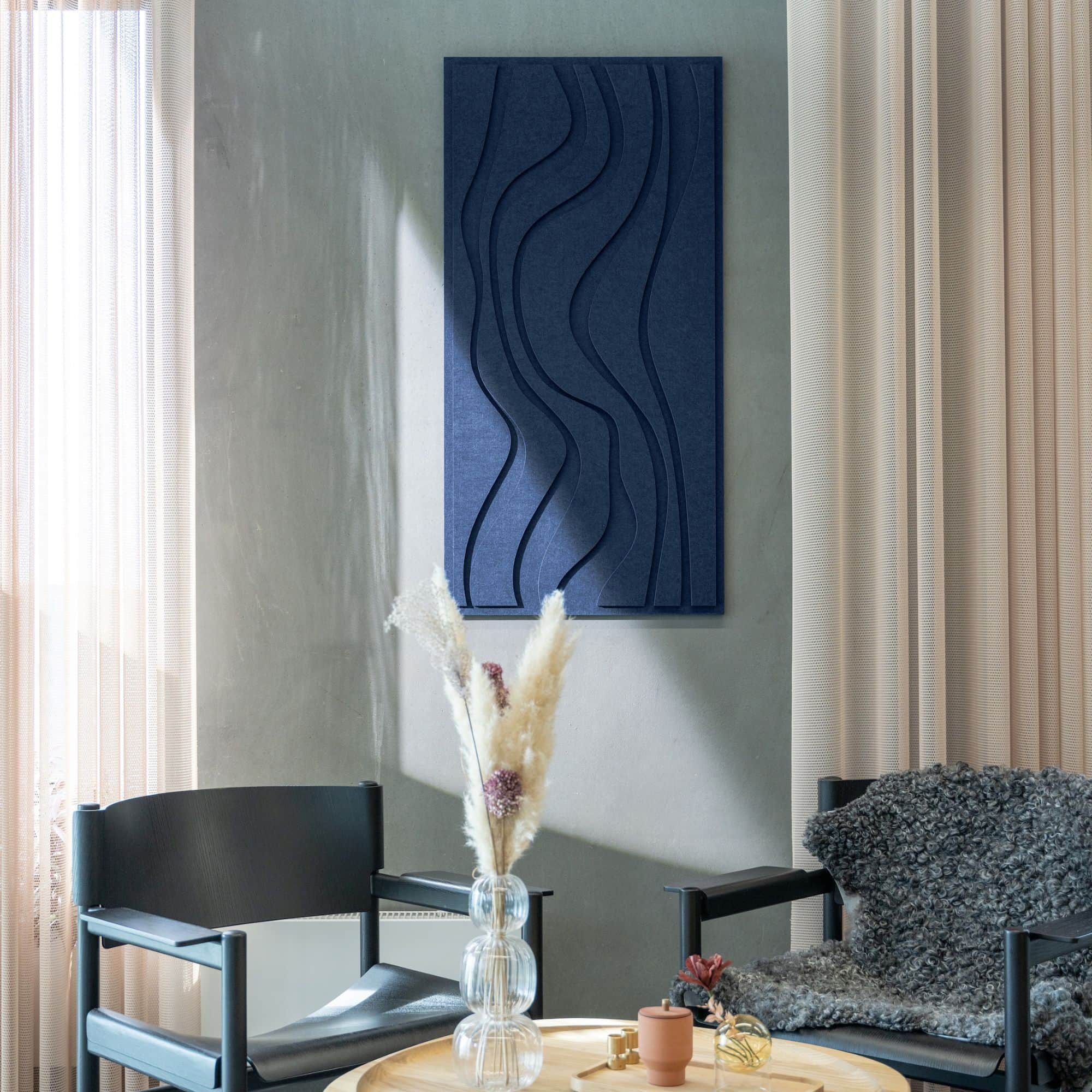 Living room with Arturel blue Wave tile acoustic artwork for sound absorption