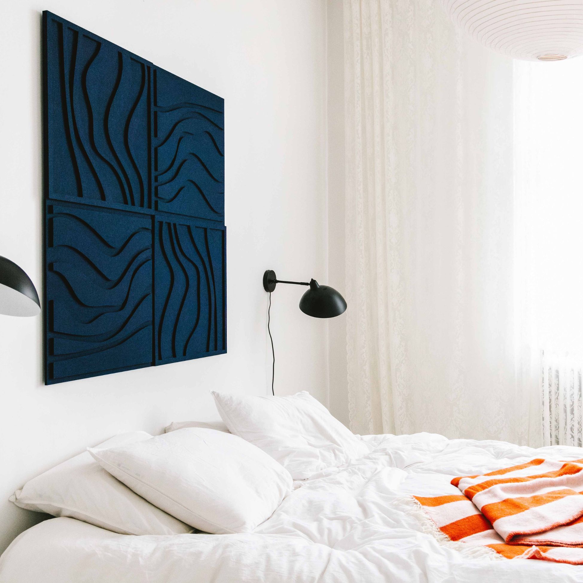 Arturel's blue acoustic art panel enhancing bedroom acoustics and aesthetics